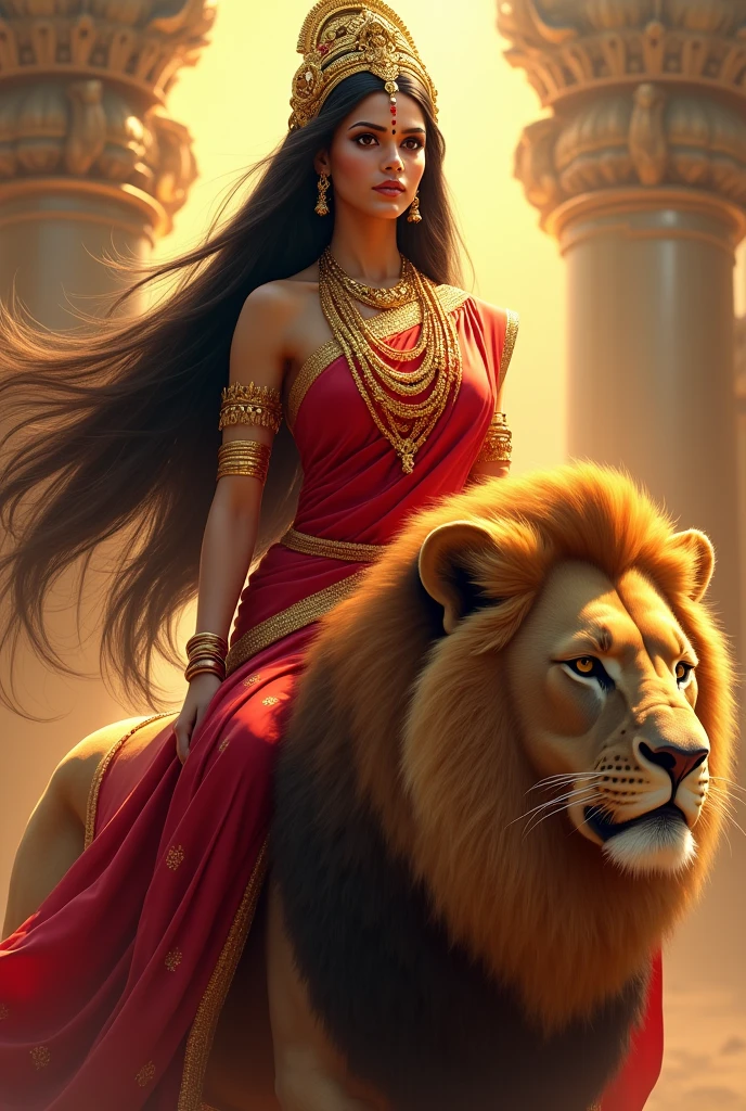An indian Goddess. Perfectly shaped. Long straight thick hair. White skin with Golden glow. Forehead smeared with red vermillion. Wearing red top and saree having golden boarders. a crown. Adorned with golden ornaments.
Riding giant lion.
Dark eyes and thick lips.