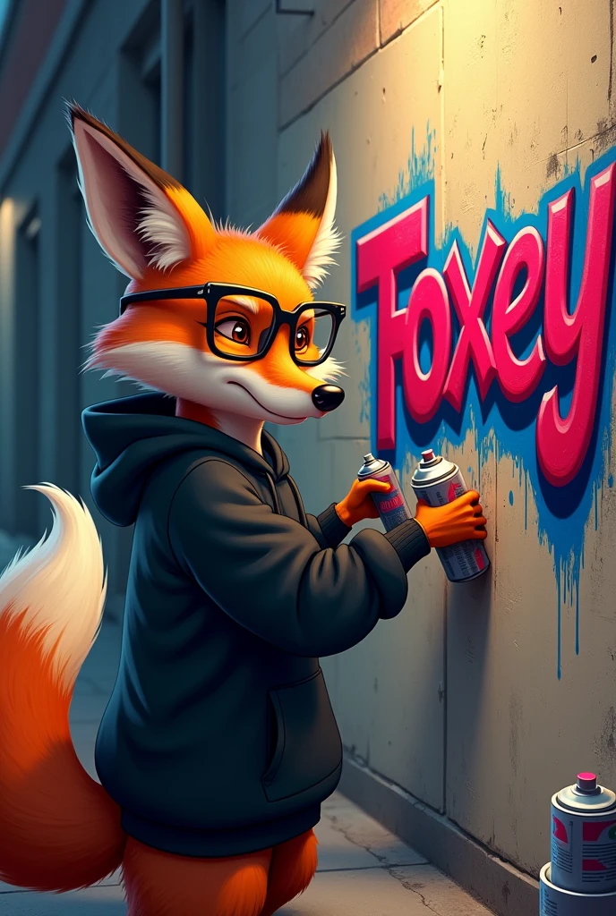 A fox with a black sweatshirt and glasses making a graffiti that says foxey