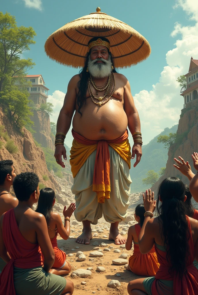 An onam season maveli was fatty normal size man an ancient umbrella and the maveli comes during the period of natural disaster the buildings are collapsed and and the hills are broken .the big rocks are broked the people's houses and people's bending the knee infront of maveli and raiseup their hand and seeking help