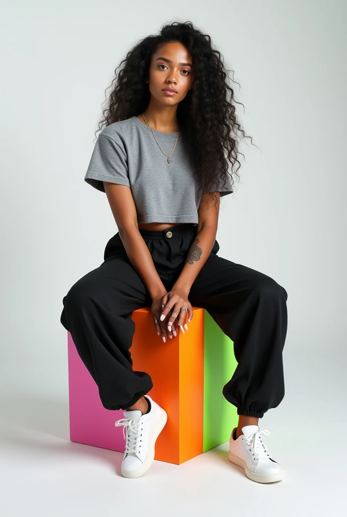 best qualityer:1.4), (ultra high resolution:1.2), (photorrealistic:1.4), (8k, CRU photo:1.2), 1 28 year old woman with dark skin. Long curly black hair loose. brown eyes . She's wearing a gray crop top. black pantaloon pants. White sneakers. It's wearing a silver ring. He is sitting on top of a colorful cube. You are in a photography studio with a white background. tattoo on left arm