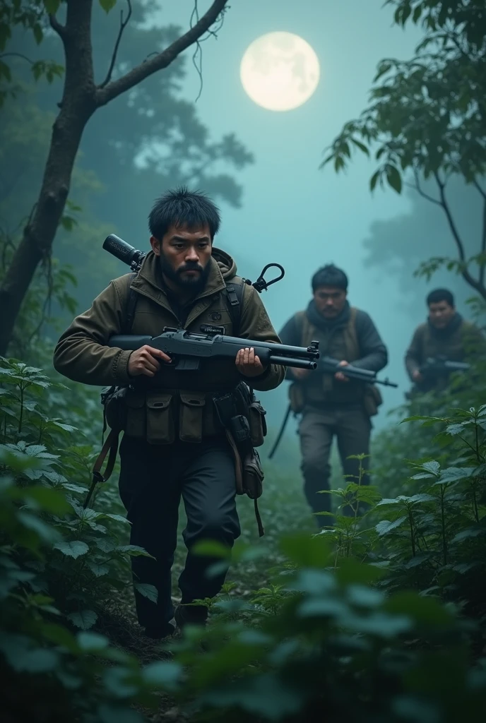 Photorealism 1.2 high definitions face detailing 4 male at forest Asian jungle hunting one of them holding rifle moonlight effect dusk fog hunting in action