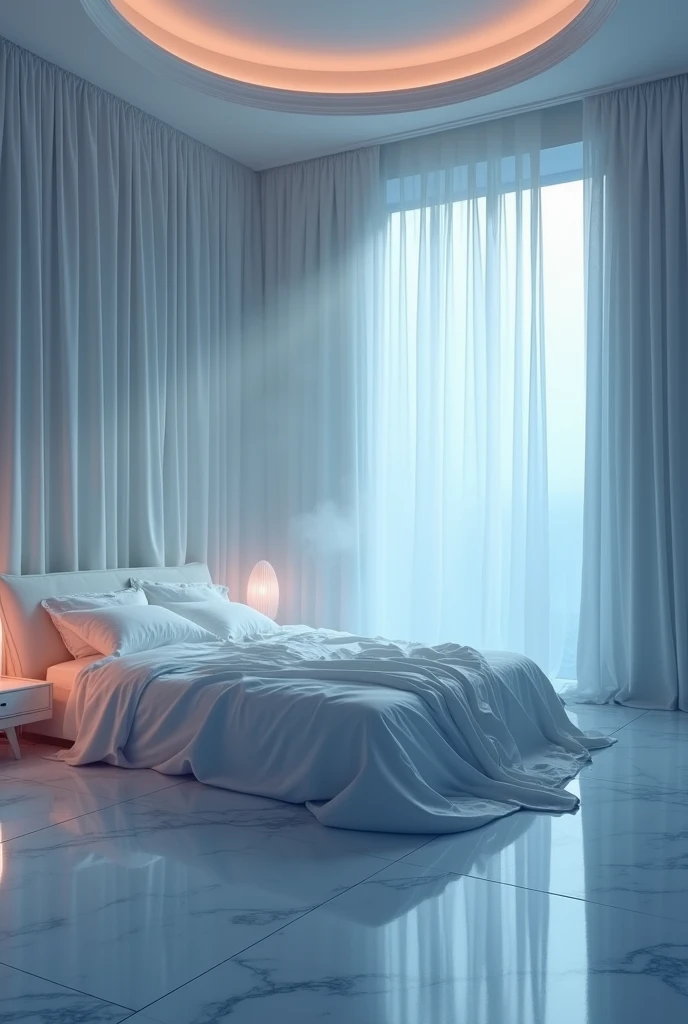 a white dreamy bedroom, foggy, soft focus, cool lighting, muted pastel colors, glowing atmosphere, dramatic shadows, cinematic composition, dream-like quality, ethereal, romantic, soft focus photography, blue hour, midnight, windy, silver white marble, whimsical, hazy, ethereal