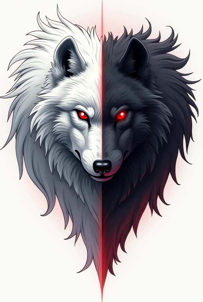 create an image for a tattoo with two wolves, one white and one black, both with red eyes 