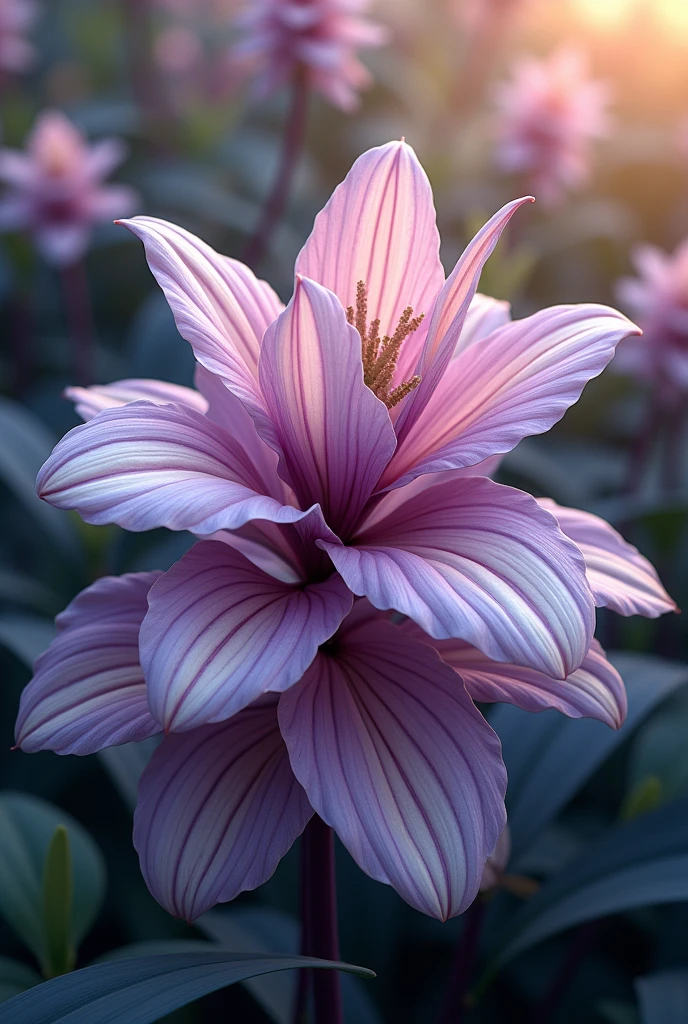 a breathtakingly lifelike plant with striped leaves in soft, creamy white and rich, velvety purple tones, set amidst a lush, vibrant garden teeming with realistic flora. The plant's slender stems and delicate, ruffled leaves appear almost ethereal, as if kissed by moonlight, amidst a tapestry of emerald green foliage. Warm, golden light dances across the scene, casting dappled shadows and illuminating the subtle sheen on each leaf, while hints of lavender and powder blue add depth to the whimsic