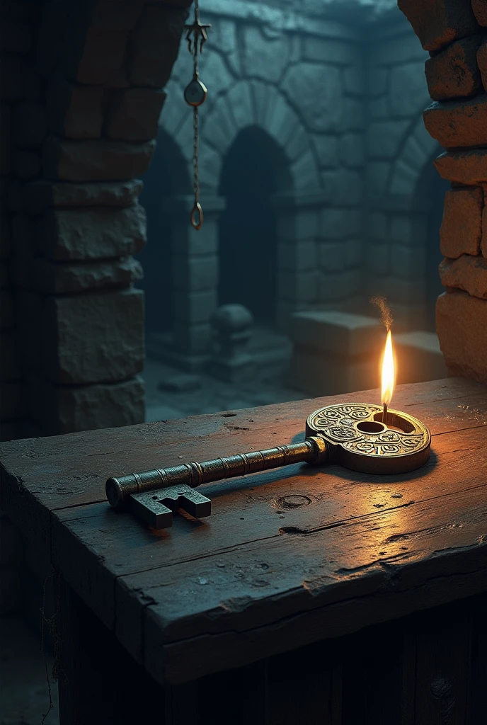 a magic key on a wooden table in a dark and gloomy room of a dungeon cave