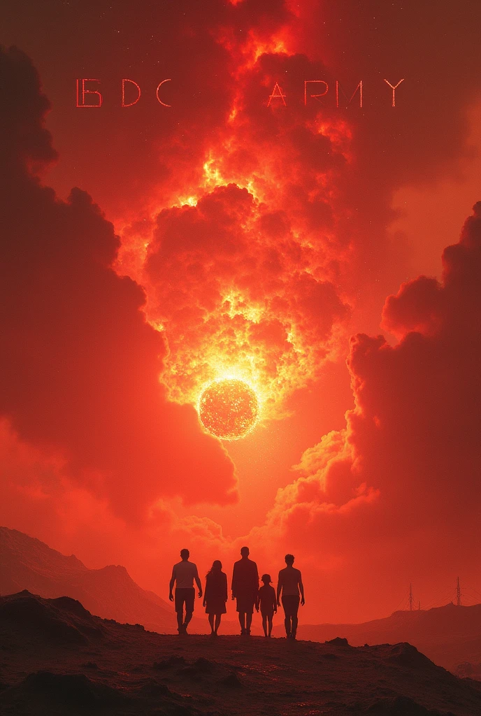 Red sky with  around people and  write BDC ARMY on the sky