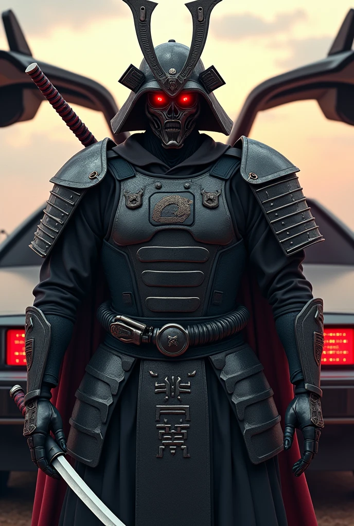 Terminator avec un oeil rouge, en samurai dans une dolorean, avec une cigarette