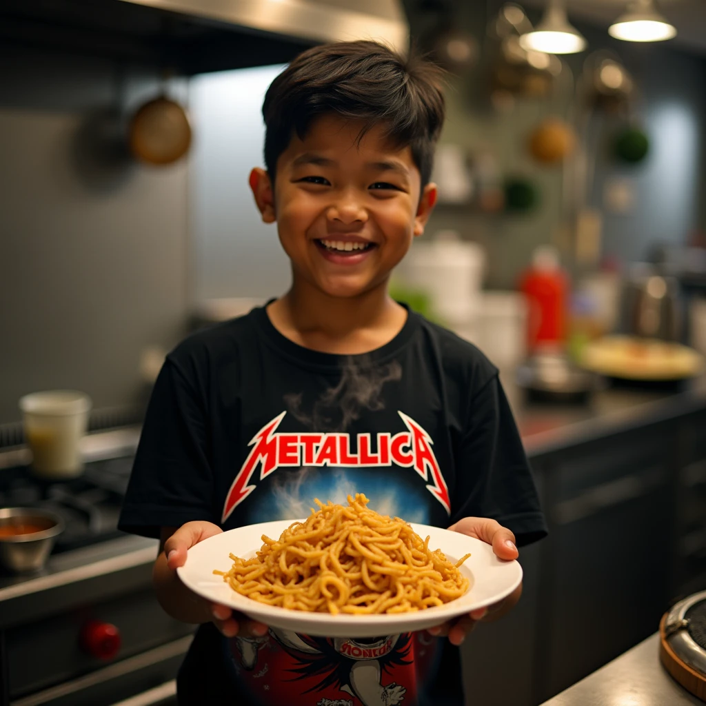 Original photo. Indonesian youth wearing a black Metallica t-shirt. laughing expression while showing a plate of fried noodles to the camera. kitchen atmosphere. Ultra-realistic 8K photo, taken with Leica Q2, strong color contrast and sharp clarity --ar 9:16 --quality 2 --