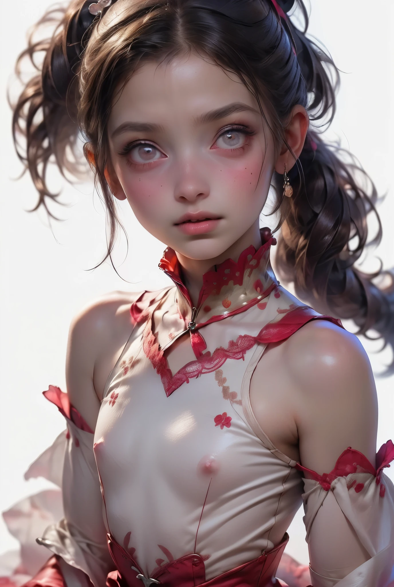 ((best quality)), ((masterpiece)), (detailed), perfect face (((masutepiece, of the highest quality, super detailed))), hand drawn style, hand painted style, watercolour, sketch, a knight, white background, plain background, Bloodborne inspired, tatty Bloodborne attire, occult aesthetic, occult, tatty red and white clothing detailed and intricate steampunk and detailed gothic ta (with a hood), long coat, Complex laced boots, Fluttering lace flared long knee length dress with frilly petticoats, long dress, knee length dress, pleated petticoats, loliress, petticoats gothic lolita aetic, beautiful small breasts, (((flat chest:1.1))), (((( Highly detailed face))), small thin nose, Small thin lips mouth, (((Very sharp focused eyes))), Very large slit precision pale grey eyes that shine like jewels. looking at this, (resolved expression), (resolute expression), ((dark hair)), ((long ponytail, thick ponytail, heavy ponytail)), very long eyelashes, white background, Very dramatic and cinematic lighting, tatty damaged old red and white clothing, full body, whole body, body, cosmic horror, grim dark, (NSFW)