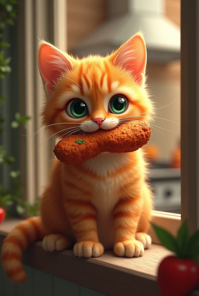 a young ginger cat with dark green eyes sits on a balcony with a cutlet in his teeth, the door to the balcony is open, in the background you can see the kitchen, There are purchases on the table