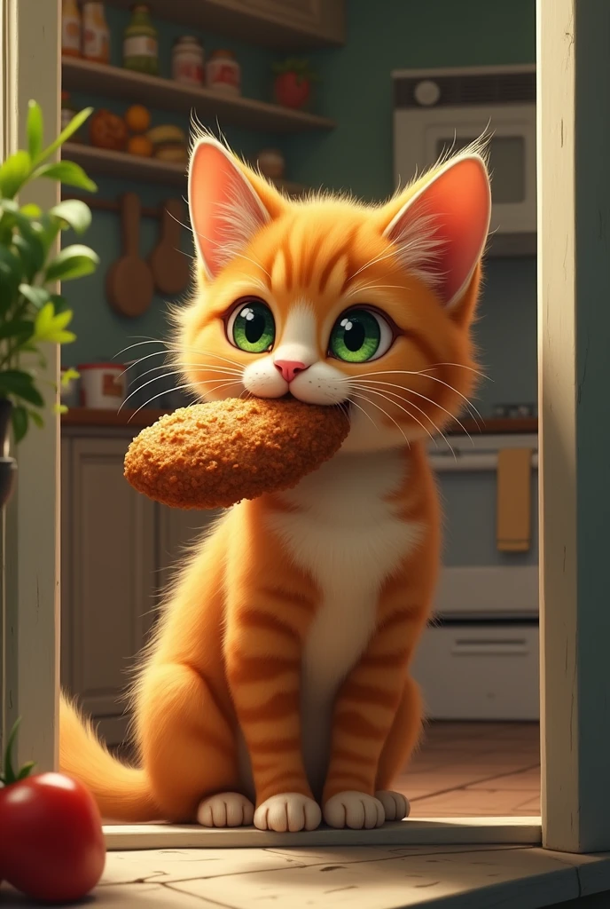 a young ginger cat with dark green eyes sits on a balcony with a cutlet in his teeth, the door to the balcony is open, in the background you can see the kitchen, There are purchases on the table