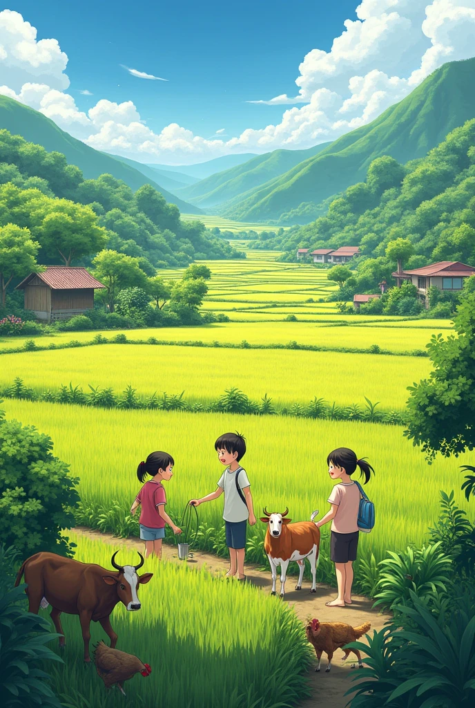 Village environment, big peddy fill farm, kids playing around, group of a cow and chicken 