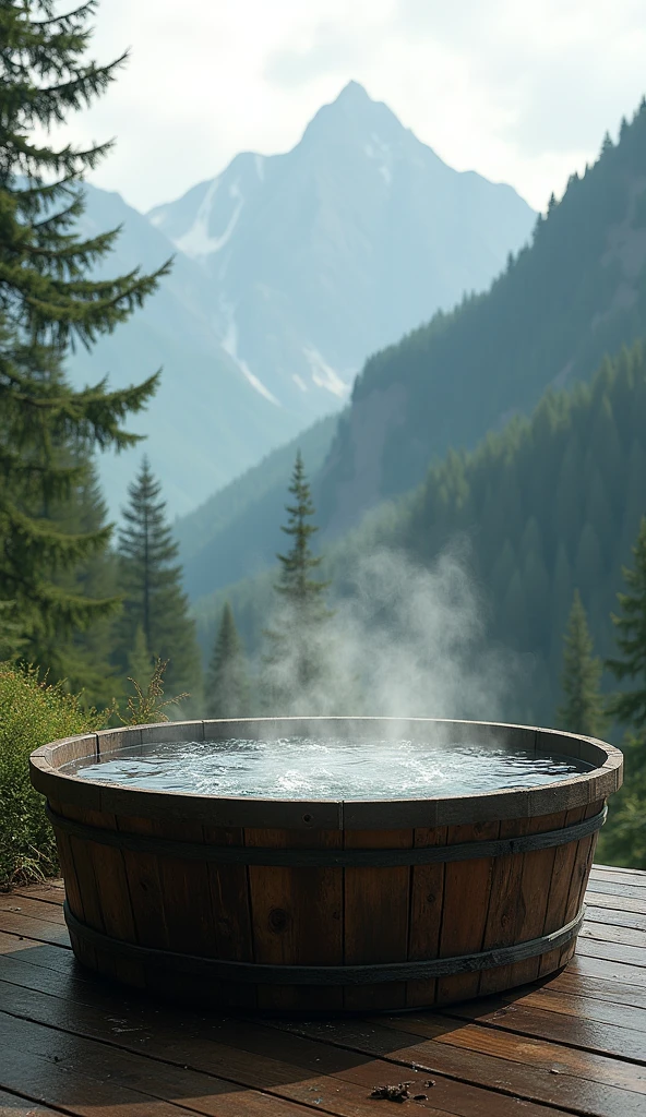 A rustic, outdoor wooden bathtub nestled on a private deck in the mountains, surrounded by lush greenery. The tub is filled with hot water, and the scene is enhanced by the mist rising from the surrounding forest, creating a tranquil, secluded ambiance perfect for relaxation.
