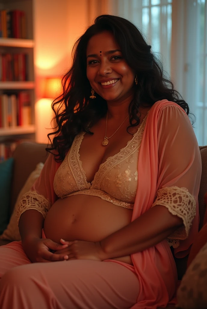 A radiant, full-figured South Indian 45-year-old aunty wearing a gray chiffon fully transparent nighty, tenderly hugging a jubilant group of  25-year-old men in  living room, captured in a full-body image with vibrant hues and meticulous details.