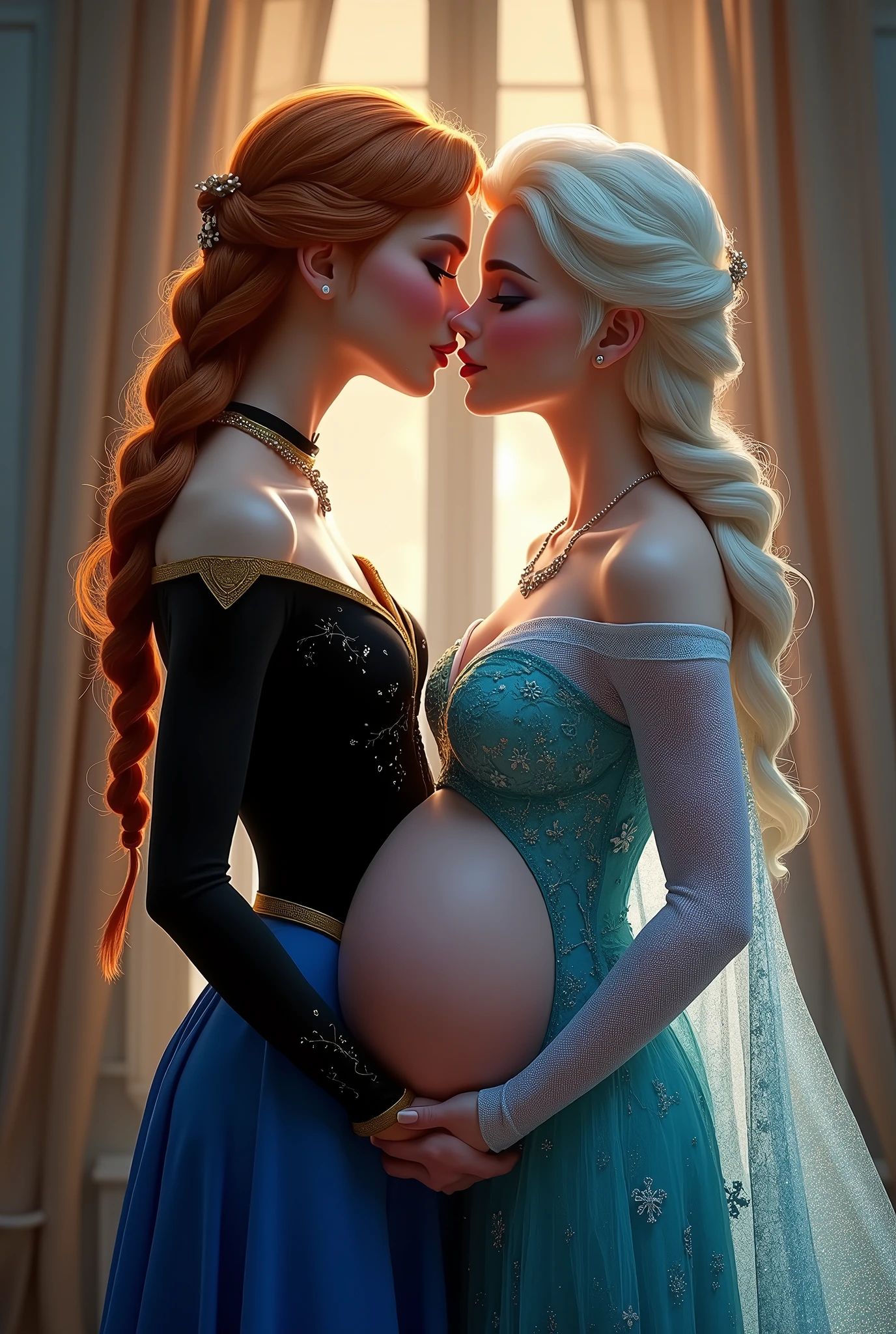 Realistic:1.5, A stunning portrait of Elsa and her sister Anna kissing, French kissing, tongues touching, they are kissing, young and beautiful, hyper realistic, real portrait, backlit, exquisite features, cleavage, Elsa is showing her pregnant belly to Anna. Anna is gently caressing Elsa’s pregnant belly, she is inserting his fingers in her vagina under her skirt, she is fingering her, Elsa is in ???????, (anna has red hair), Elsa is pregnant