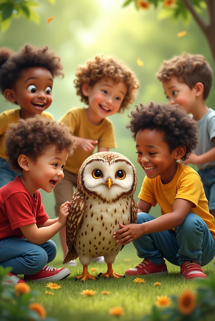 ren of different ethnicities and autistic and wheelchair-bound childappily playing with an educational owl 

