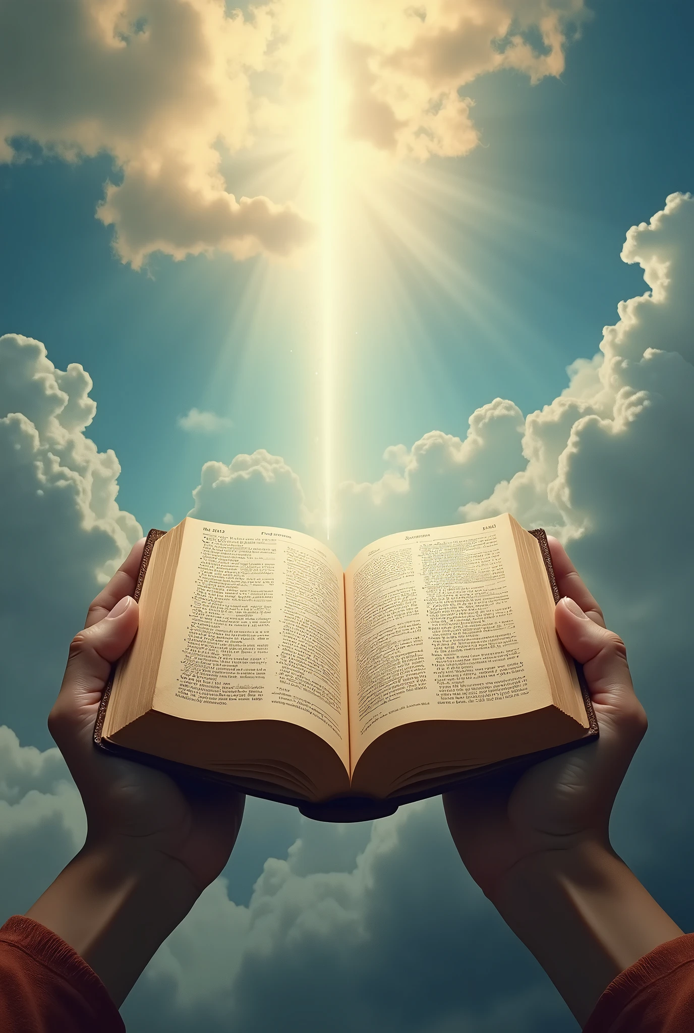 hands with open bible heavenly landscape