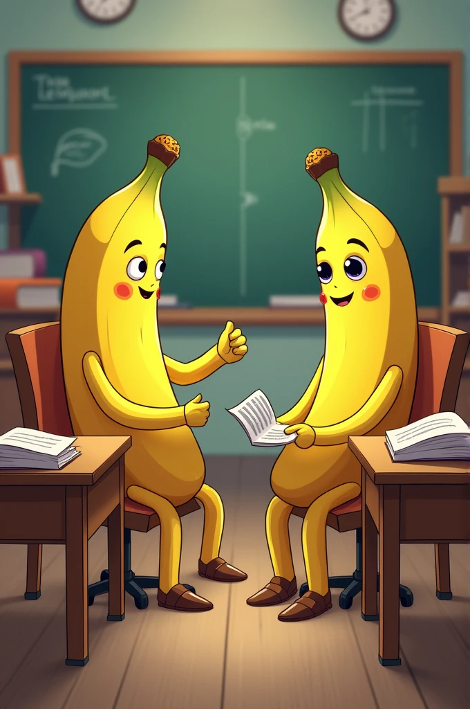 Two bananas students seeing each other sitting in class room background is with boards,sheets and other chairs