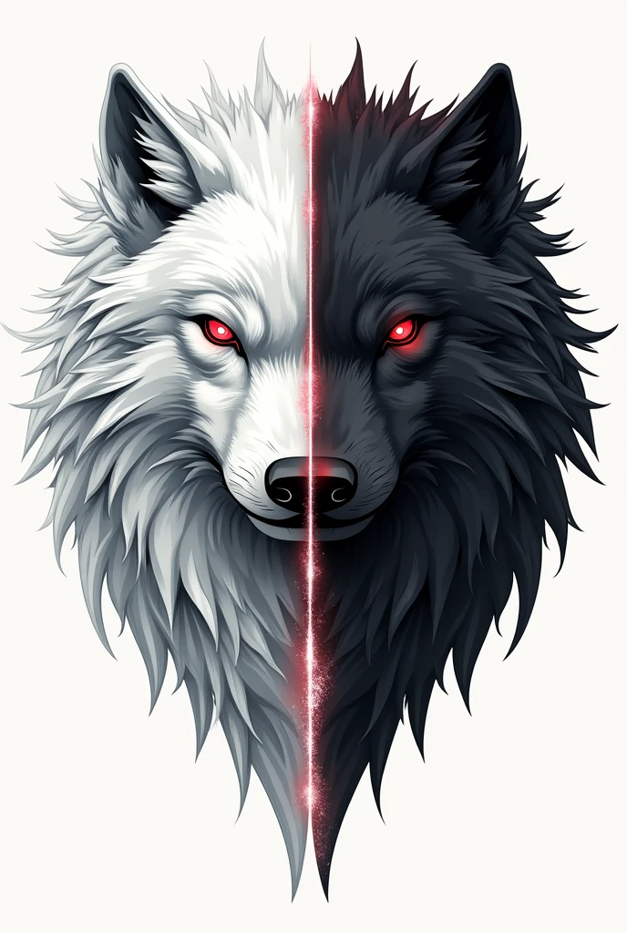 create an image for a tattoo with two wolves, one white and one black, both with red eyes