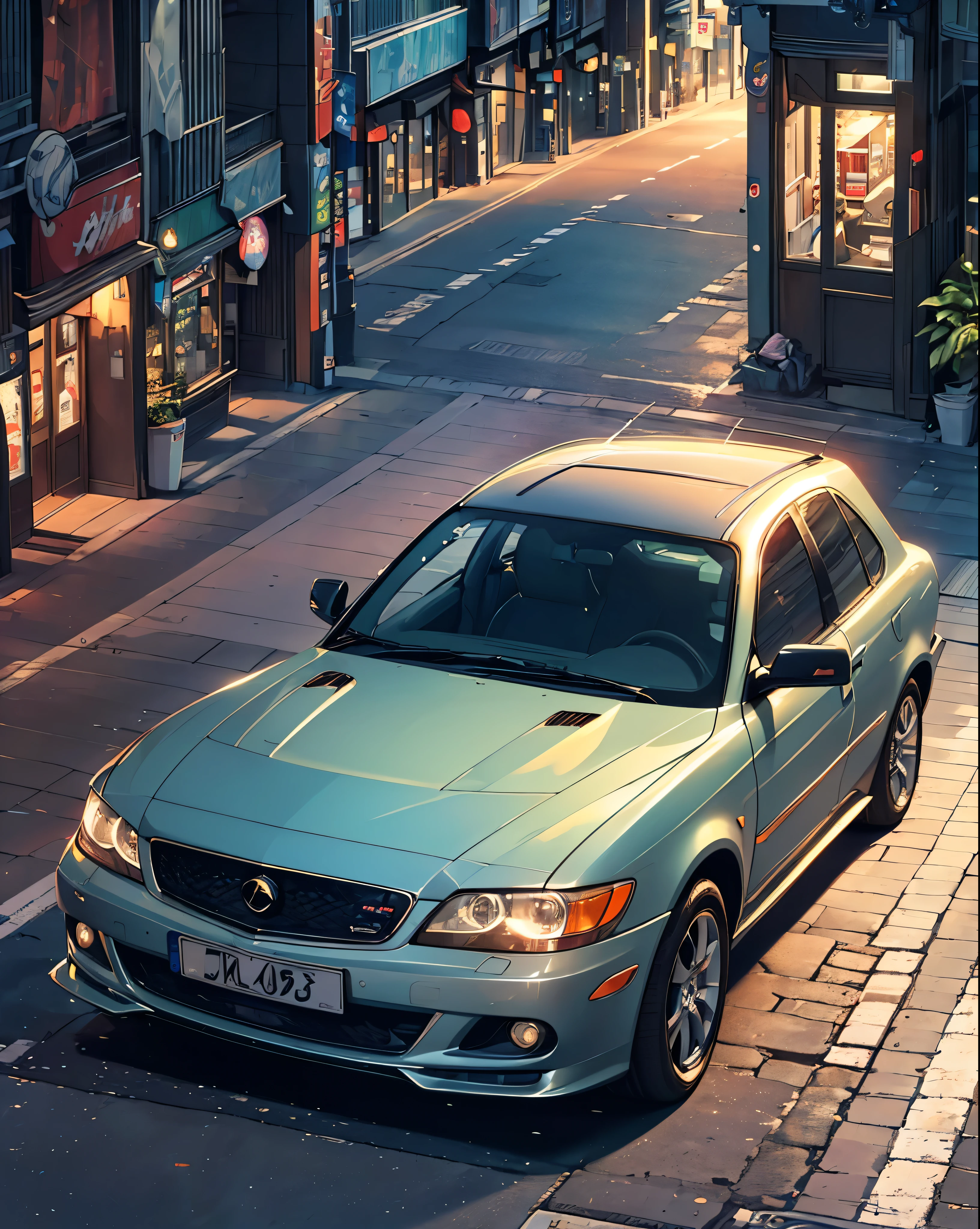 (bird's eye view from above),(diagonal angle),((lots of cars)),(remove yellow tinge),(cool shades),(clear and clean air),(two lane road),(City lights reflect on the car),(at night),(Two persons),(Narrow sidewalks),(crowded with people:1.2),(Shop signboard on the sidewalk),(glossy lots of cars),(girl and youngman),(two people in a car),(Two seater in a car), (a foreign car),(Passersby pass by on the sidewalk )In a busy downtown area at night, while passersby are bustling about, a middle school girl in a sailor uniform is riding in a foreign car driven by a man wearing sunglasses and an Hawaiian shirt, sticking her head out of the passenger seat and looking out at the street.