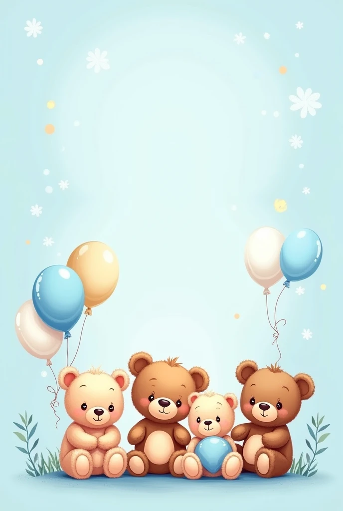 Create e birthday invitation card for a one year old baby boy with light blue color scheme.include teddy bears and balloons