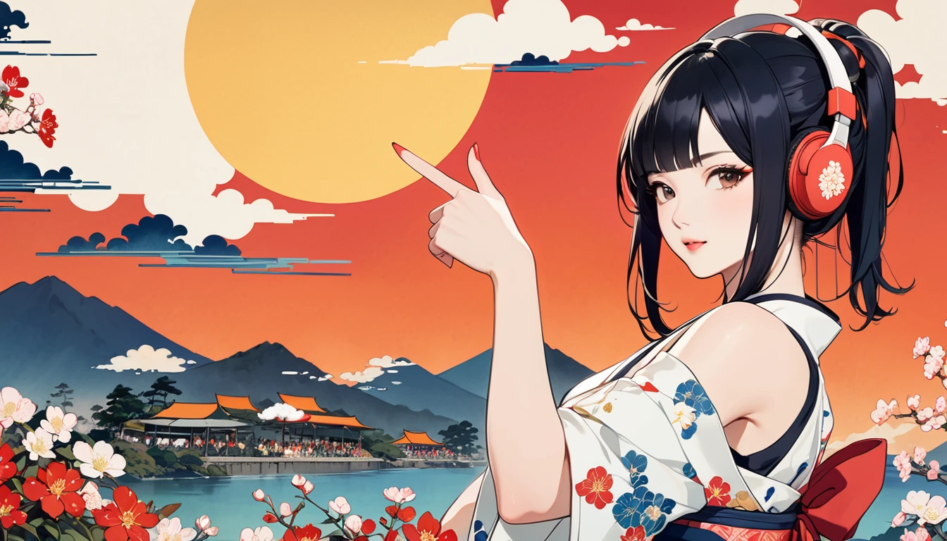 Ink Painting, (((1 girl))), (((music festival))), sunglasses, Japanese style headphones, Japanese beauty, (((Finger guns))),Black Hair, big breast,Delicate and precise, Modern ukiyo-e style, vivid color