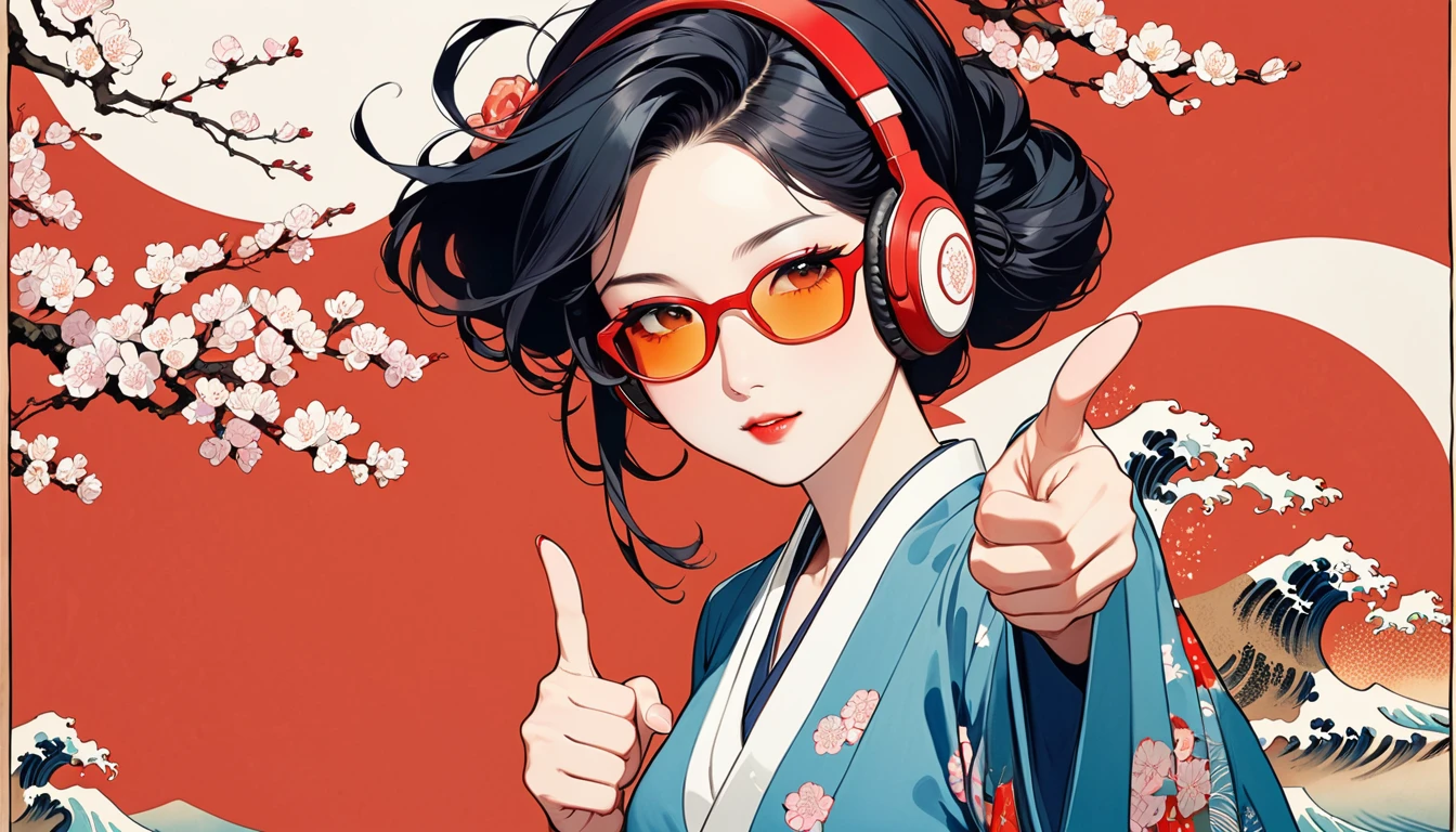 Ink Painting, (((1 girl))), (((music festival))), sunglasses, Japanese style headphones, Japanese beauty, (((Finger guns))),Black Hair, big breast,Delicate and precise, Modern ukiyo-e style, vivid color