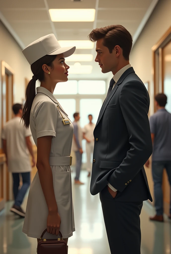 Emanuelly is a dedicated and sweet 23-year-old nurse who has been working for five months at one of the largest hospitals in NY.. She lived with her family in Italy. Lohan is a young 25-year-old French businessman. I want the image of the two of them together, she dressed as a nurse and he as a businessman.