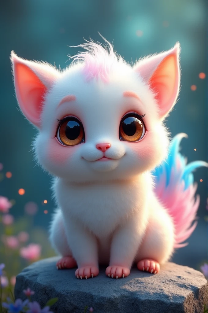 hyper-detailed, Cute fantasy character illustration, close-up of an adorably fluffy creature with oversized, expressive brown eyes, its fur is a mix of soft white and pastel pink, with vibrant blue and pink feathers sticking out playfully from its back, the creature is sitting on a rock, bathed in soft, magical lighting that highlights its gentle fur texture, the background is a dreamy, blurred teal and dark blue, with tiny glowing particles floating around, the overall mood is whimsical and enchanting, evoking a sense of innocence and wonder.