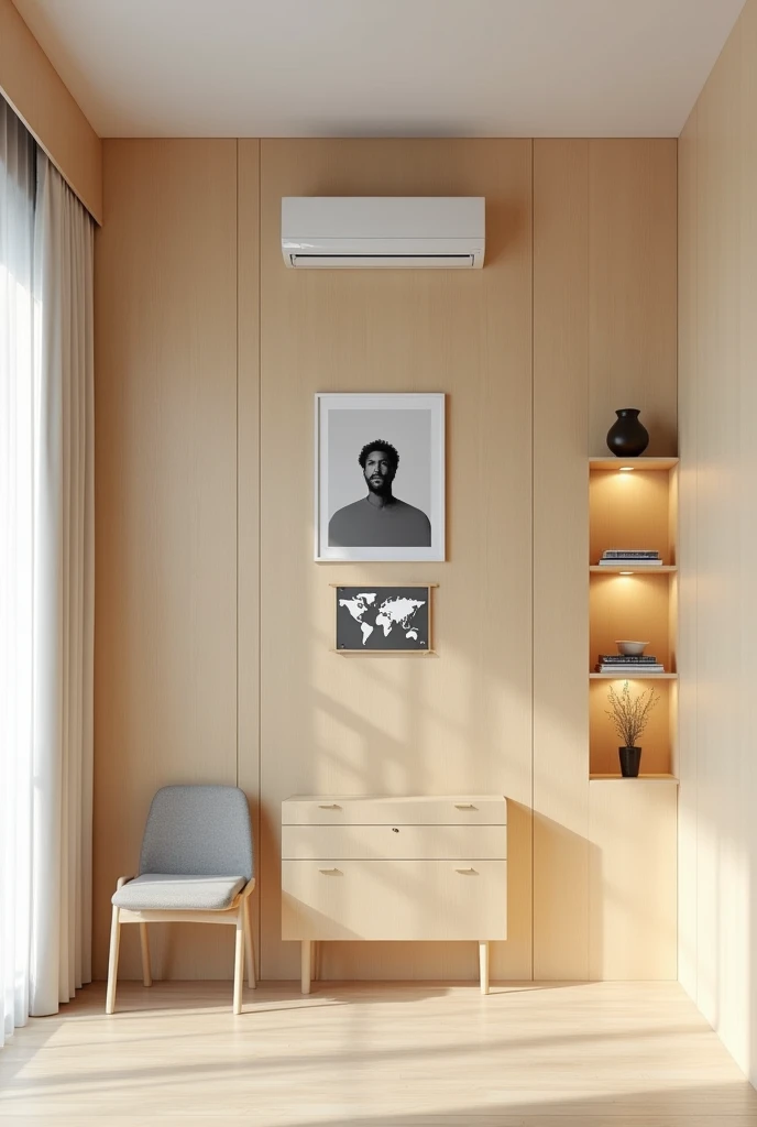Entire wall covered in blond MDF José, nailed to this wall at the top, right in the middle, near the ceiling, there is the air conditioning, under the air conditioning, right in the middle, there is a small world map and under the world map there are 3 shelves with lighting, under the shelves there is a sideboard cabinet without a chair. Next to the wall a window with a white curtain.