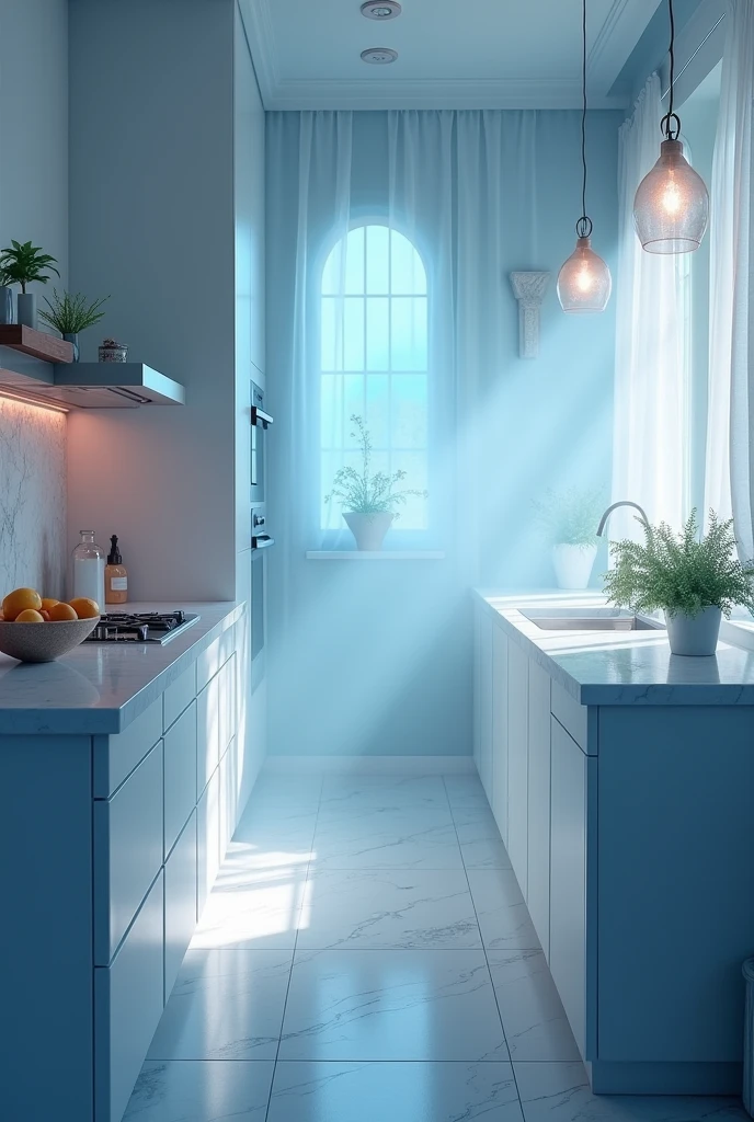 a white dreamy kitchen, foggy, soft focus, cool lighting, muted pastel colors, glowing atmosphere, dramatic shadows, cinematic composition, dream-like quality, ethereal, romantic, soft focus photography, blue hour, midnight, windy, silver white marble, whimsical, hazy, ethereal
