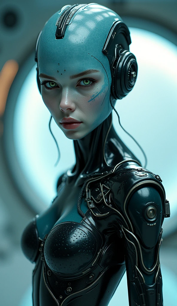 masterpiece, High details, High Definition, Best Quality, 8k, Personification of an alien, female, look to the right side at the camera, sky blue body, black chest, mechanical arm and cables and connections are visible, Inside the bridge of a spaceship, exoskeleton, light green human eyes. extremely beautiful.