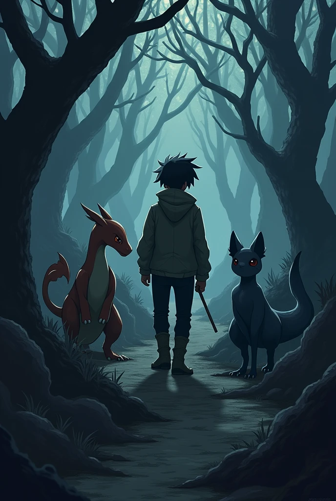 Logo de uma guild com nome Solitude, lonely pokemon trainer in search of his journey, on a dark trail with his Charizard and Torkoal Pokémon around him 