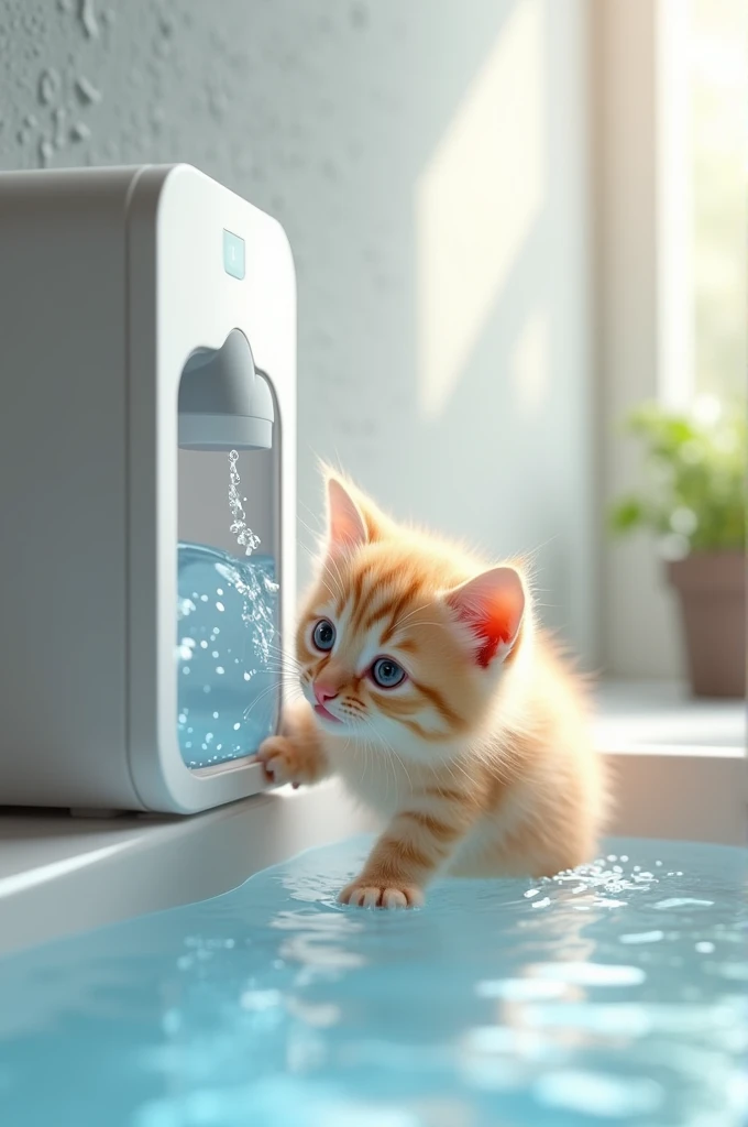A kitten drinking water from a water filter