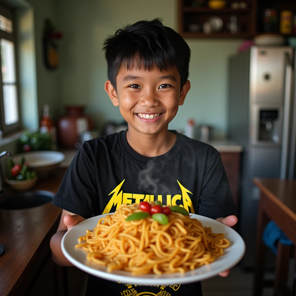 Original photo. Indonesian youth wearing a black Metallica t-shirt. laughing expression while showing a plate of fried noodles to the camera. kitchen atmosphere. Ultra-realistic 8K photo, taken with Leica Q2, strong color contrast and sharp clarity --ar 9:16 --quality 2 --