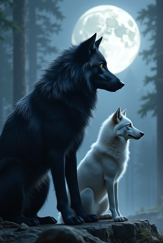 Image of a beautiful wild wolf with a lot of fur shiny black and a white female wolf sitting under the silver moonlight looking forward high quality image 