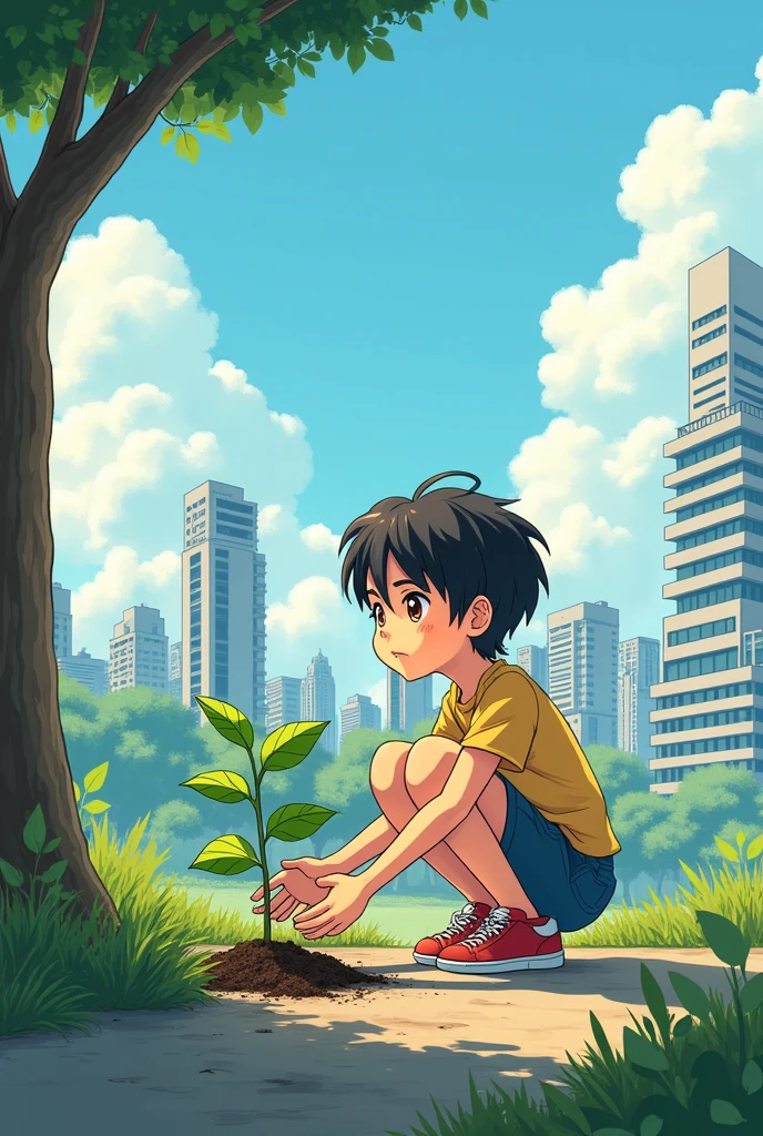 Give me a manga style image related to a good deed related to the environment 
