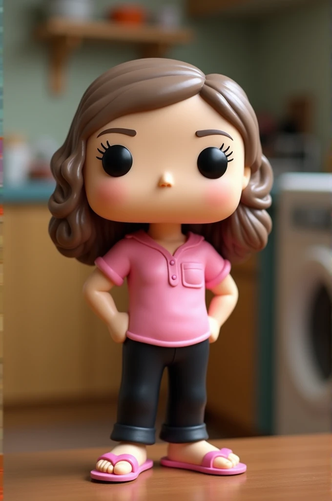 Funko pop of an elderly lady(70 years old) whose name is Eve. with loose brown hair,skin fair,pink shirt, black pants and pink flip flops.fund:grandma's kitchen