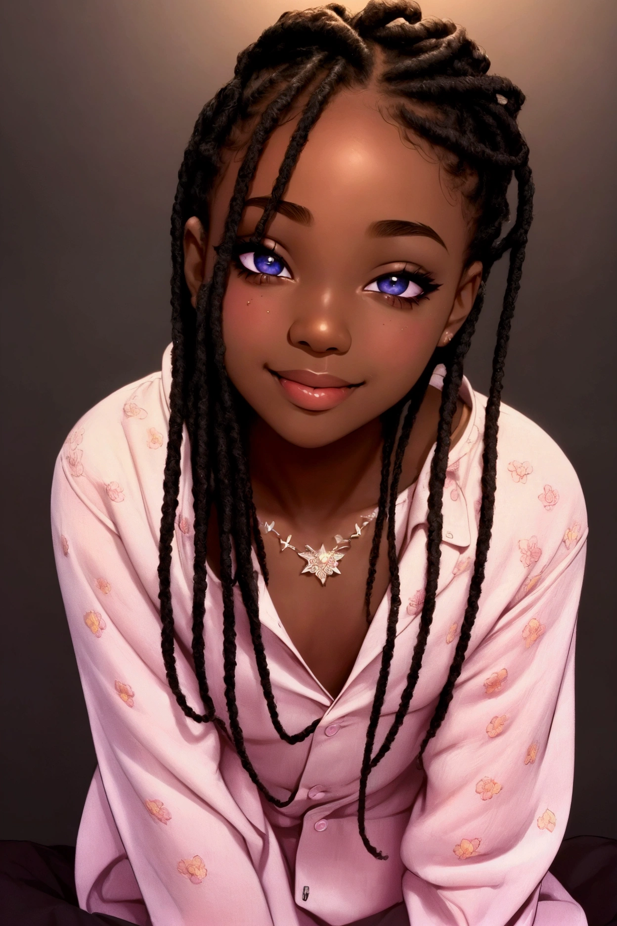 a cute black boy in pajamas, beautiful detailed eyes, beautiful detailed lips, extremely detailed face and portrait, pastel colors, soft lighting, cinematic lighting, 8k, highres, masterpiece, photorealistic, professional, vibrant colors, studio lighting, intricate details, cute expression, smiling, relaxed pose
