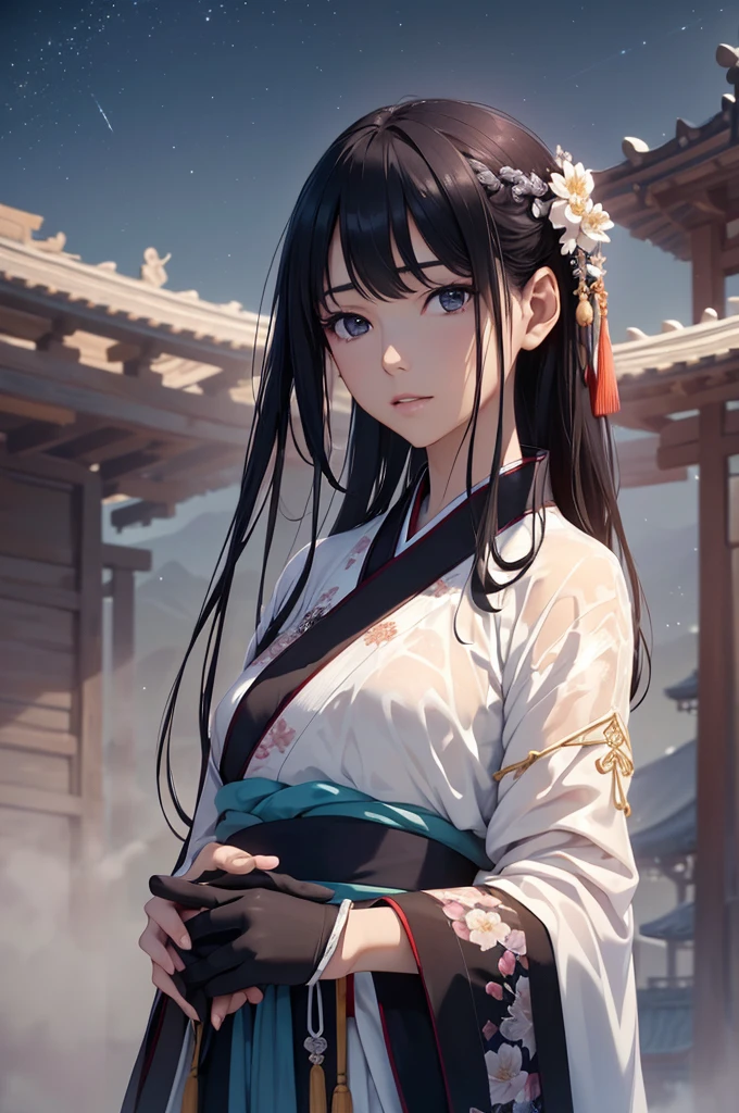 Starry sky and fog cover the landscape.Rich historical background. (Highest quality,4K,8k,High resolution,masterpiece:1.2), Very detailed, (Realistic,Realistic,Photorealistic:1.37), High resolution, Hyper HD, Studio Lighting, Ultra-fine painting, Sharp focus, Physically Based Rendering, Very detailed説明, Professional, Vibrant colors, Bokeh, Sports Late, Ancient War Landscapes, Traditional Chinese Painting Techniques, Atmospheric lighting, Vivid color contrast, Visually stunning composition, Ethereal atmosphere,Very detailed目と顔, Beautiful attention to detail, Light on the face, (Hanfu: 1.1),Chest is wet and see-through、Small breasts