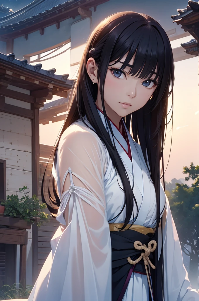 Starry sky and fog cover the landscape.Rich historical background. (Highest quality,4K,8k,High resolution,masterpiece:1.2), Very detailed, (Realistic,Realistic,Photorealistic:1.37), High resolution, Hyper HD, Studio Lighting, Ultra-fine painting, Sharp focus, Physically Based Rendering, Very detailed説明, Professional, Vibrant colors, Bokeh, Sports Late, Ancient War Landscapes, Traditional Chinese Painting Techniques, Atmospheric lighting, Vivid color contrast, Visually stunning composition, Ethereal atmosphere,Very detailed目と顔, Beautiful attention to detail, Light on the face, (Hanfu: 1.1),Chest is wet and see-through、Small breasts