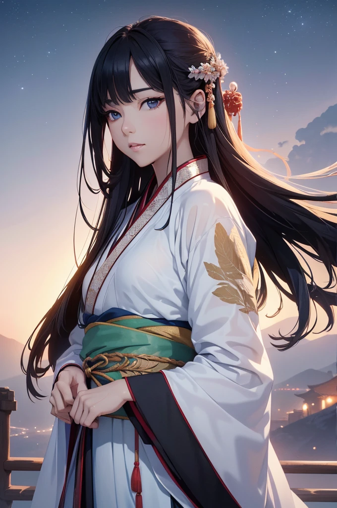 Starry sky and fog cover the landscape.Rich historical background. (Highest quality,4K,8k,High resolution,masterpiece:1.2), Very detailed, (Realistic,Realistic,Photorealistic:1.37), High resolution, Hyper HD, Studio Lighting, Ultra-fine painting, Sharp focus, Physically Based Rendering, Very detailed説明, Professional, Vibrant colors, Bokeh, Sports Late, Ancient War Landscapes, Traditional Chinese Painting Techniques, Atmospheric lighting, Vivid color contrast, Visually stunning composition, Ethereal atmosphere,Very detailed目と顔, Beautiful attention to detail, Light on the face, (Hanfu: 1.1),Chest is wet and see-through、Small breasts