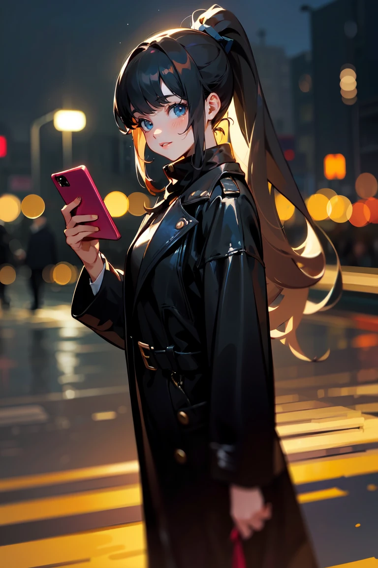 (masterpiece, best quality:1.3), highly detailed, (wide shot), 1girl, black hair, high ponytail, long hair, (bangs), (deep ocean eyes), (smiley), pretty lipsticks, (holding smartphone:1.2), looking at the phone, black leather long coat, late night street background, soft focus, ((bokeh)), absurdres