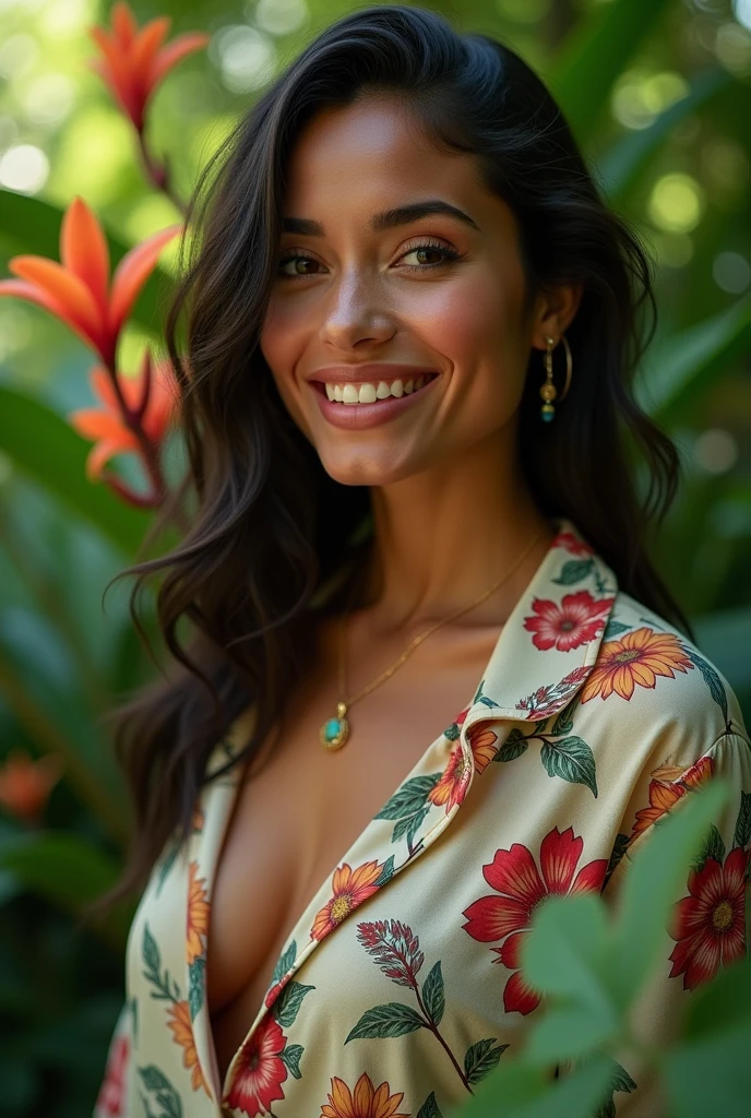 A Brazilian woman in a lush tropical garden, wearing an open shirt with a floral print, with a close-up capturing the harmonious beauty between her breasts and the natural flowers, showing off your natural charm and outgoing personality.