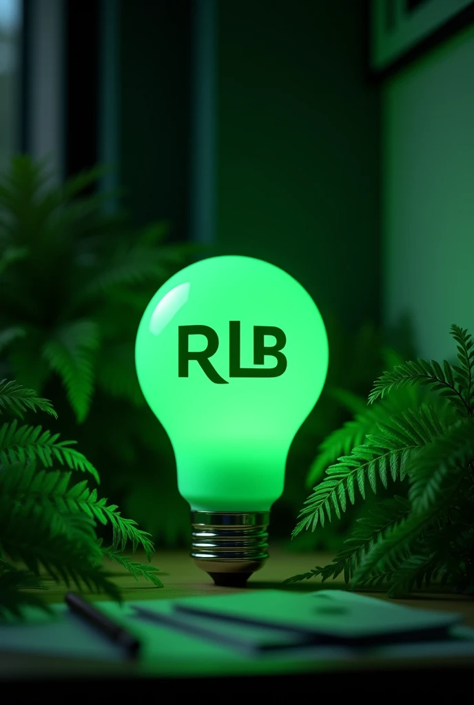uma lâmpada verde com o formato 💡 em uma sala escura, with Ferns in the background on an office desk , and the acronym RLB written in capital letters inside the lamp and the correct R please 
