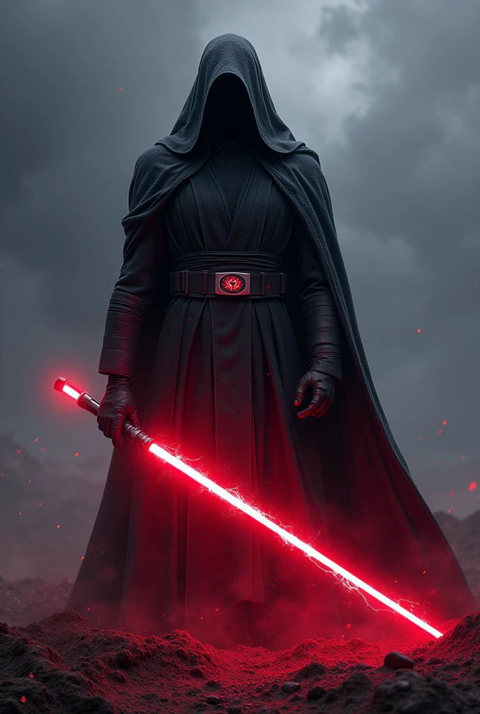 The country netherlands as a Sith Lord from Star Wars, colors of the flag (red, white, blue), red lightsaber, scary, frightening, ultra-realistic