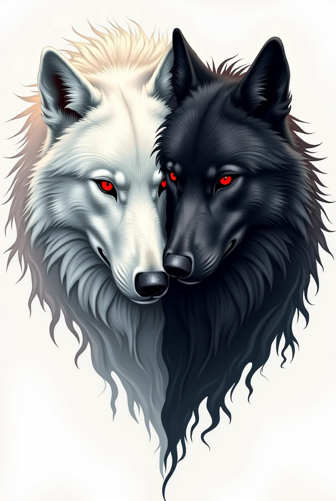create an image for a tattoo with two wolves, one white and one black, both with red eyes 