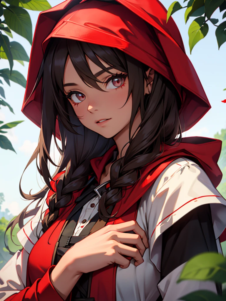 Girl in Little Red Riding Hood costume with a long beard and a red patch on her right eye