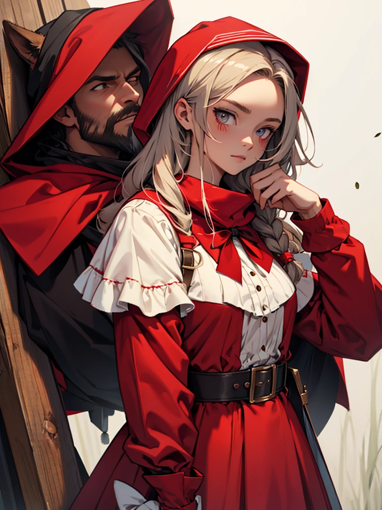 Girl in Little Red Riding Hood costume with a long beard and a red patch on her right eye