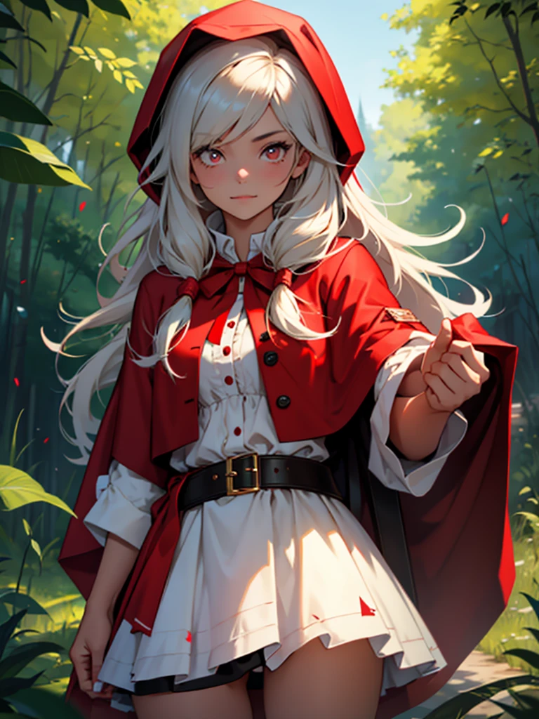 Girl in Little Red Riding Hood costume with a long beard and a red patch on her right eye